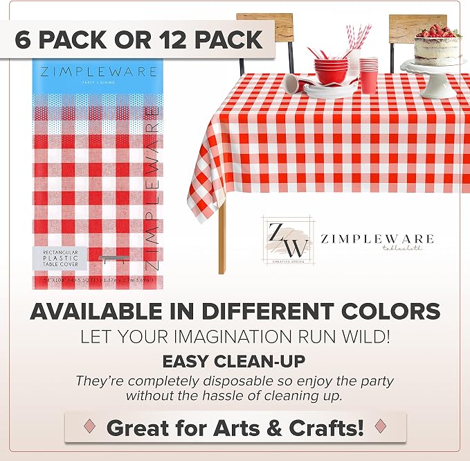 ZIMPLEWARE Red Gingham Checkered 1 Pack Standard Disposable Plastic Party Picnic Tablecloth 54 Inch. x 108 Inch. Rectangle Table Cover - Image 4