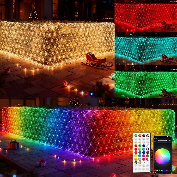 Dazzle Bright Smart Christmas 360 LED Net Lights, 12FT x 5FT RGB Color Changing String Lights Clear Wire with Remote & APP Control, Christmas Decoration for Indoor Outdoor Xmas Party Yard Garden Decor