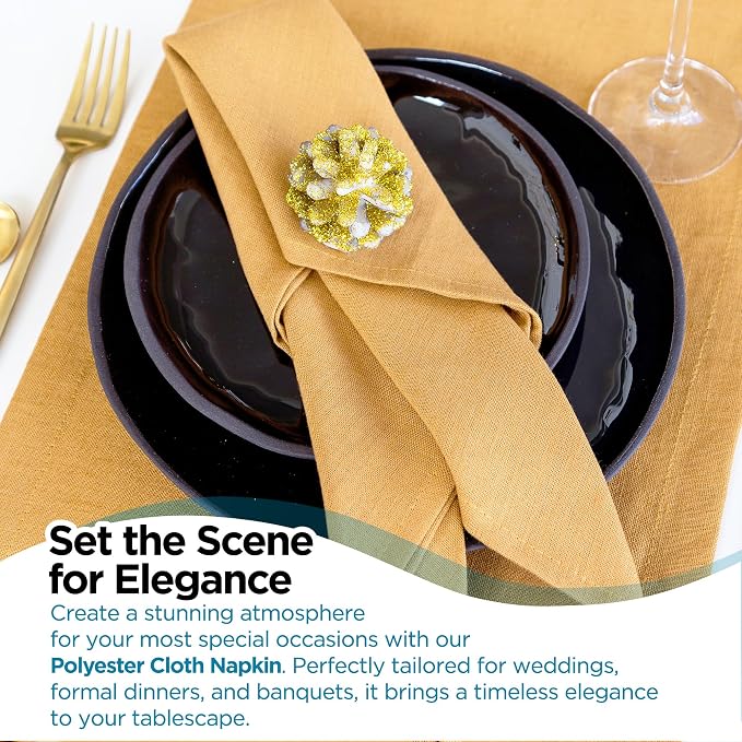 Leading Linens 50 pcs Gold 20"x20" Polyester Cloth Napkins | Premium, soft, & durable square linen napkins, perfect for weddings, dining, restaurants, & parties. Washable. - Image 3