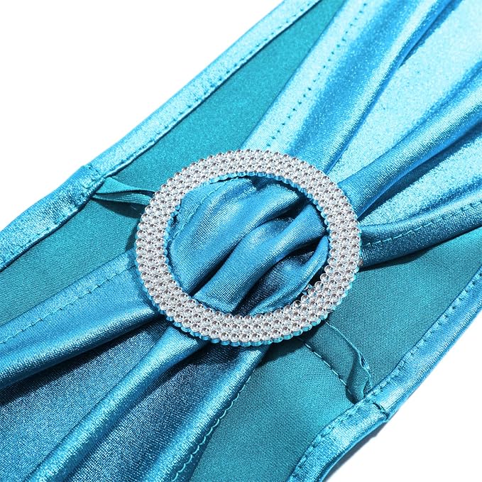 Dimatic 25 PCS Spandex Stretch Chair Sashes Bow Elastic Chair Cover Bands with Buckle Slider for Wedding, Banquet, Party, Hotel Event Decorations - Turquoise - Image 2