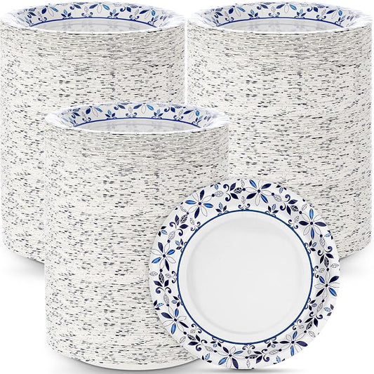 FillTouch 400 Pack 7 Inch Disposable Paper Plates for Everyday Use Soak Proof Heavy Duty Small Paper Plates for Dinner Picnic, Cut Proof Plate for Holiday Party Family Gatherings (Blue Leaves) by FillTouch