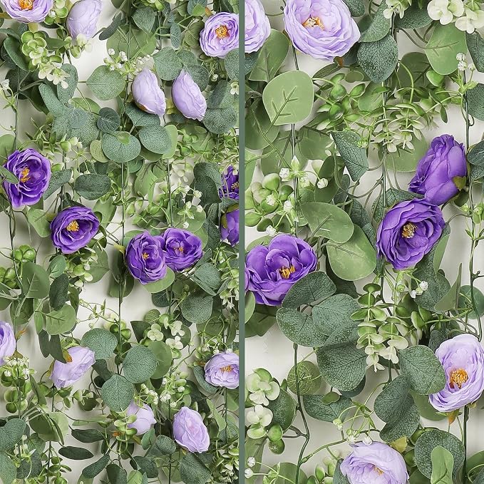 TOCHGREEN 4 Pack Artificial Eucalyptus Flower Garland with Purple Roses | Fake Rose Flower Greenery Garland Floral Vines for Wedding Aisle Centerpiece Backdrop Home Party Table Runner Decor - Image 7
