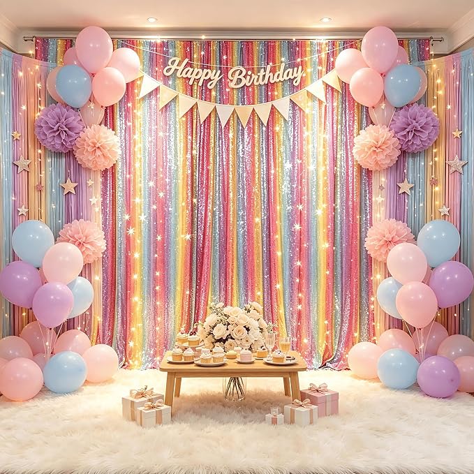 ShinyBeauty Rainbow Sequin Backdrop Curtain 4x10FT 4 Panels by ShinyBeauty