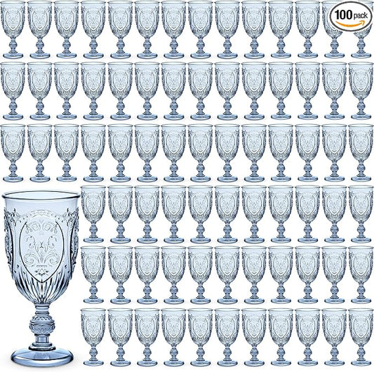 100 Pcs Plastic Goblets 7.5oz Vintage Goblet Plastic Wine Glasses Colored Retro Embossed Water Goblets for Wine Bar Juice Baby Shower Wedding Reception Grand Event Party (Blue)