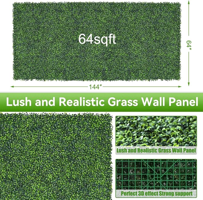 Artificial Boxwood Roll,64x144 in(64 sqft) UV-Anti Faux Ivy Grass Wall | Boxwood Panels, Fake Greenery Backdrop for Balcony Privacy, Green Wall Decor for Garden, Patio, Backyard - Image 2