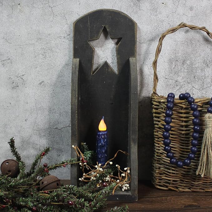 CVHOMEDECO. Real Wax Hand Dipped Battery Operated LED Timer Taper Candles Rustic Primitive Flameless Lights Decor, 4-3/4 Inch, Navy Blue, 3 PCS in a Package