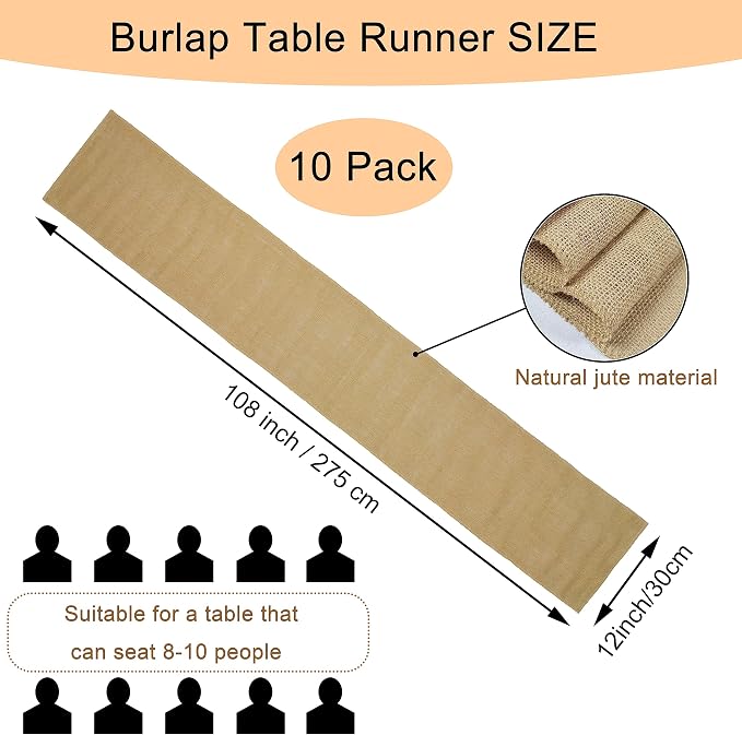 10 Pack Natural Burlap Table Runners,12 x 108 Inch Rustic Jute Table Runner and Placemats Bulk for Western Wedding Table Decorations,Farmhouse Style Party,Thanksgiving,Kitchen Coffee Table Decor Cover - Image 2
