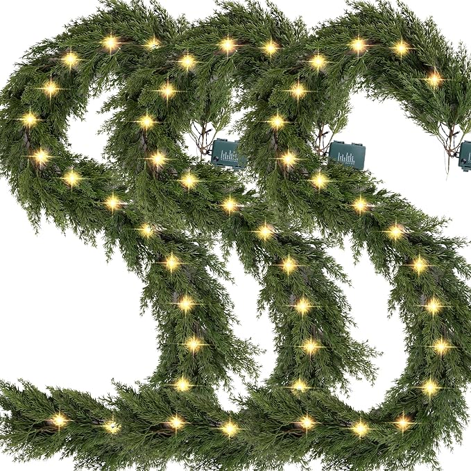 6.2 FT Prelit Christmas Cedar Garland 3 PCS, Realistic Artificial Pine Needle Faux Cypress Greenery with 20 Lights for Christmas Table Mantle Wall Room Outdoor Indoor Winter Decoration by Oleitodh