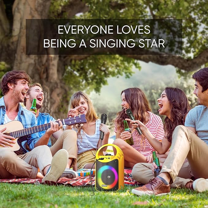 MASINGO Karaoke Machine for Kids and Adults with 1 Wireless Karaoke Microphone and 1 Wired Mic, PA Portable Speaker with LED Lights, Supports TF Card/USB, AUX/MIC in, TWS for Home Party, Burletta C10
