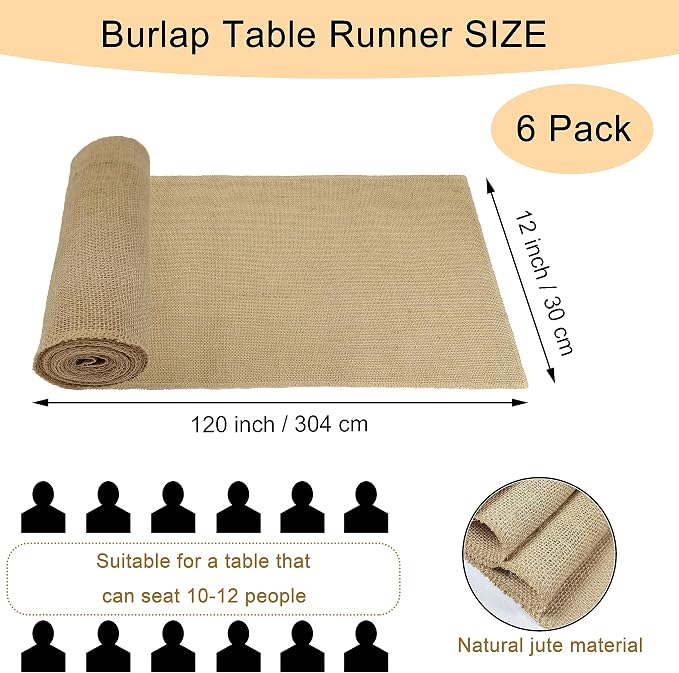 6 Pack 12 x 120 Inch Burlap Table Runners, Natural Rustic Jute Runner Bulk for Western Wedding Decorations,Farmhouse Style Party,Thanksgiving,Kitchen Coffee Decor Cover Yellow - Image 2