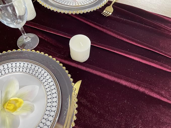 Luxurious Velvet Table Runner, 10ft Wedding Reception Decorations, 20x120inch Soft Velvet Fabric, Table Linen Overlay, Wedding Table Runners (Burgundy, 20X120inch) - Image 7