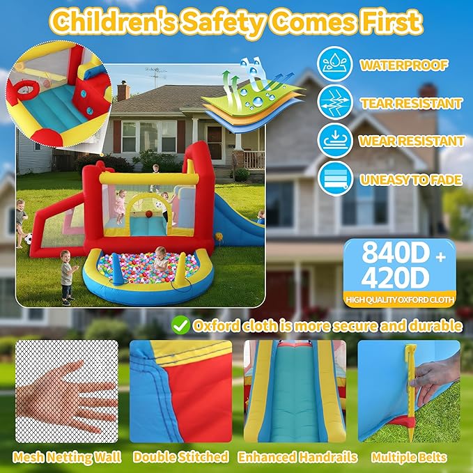 9 in 1 Inflatable Bounce House Kid Trampoline with Tall Slide, Ball Pit Pool, Skill Soccer, Throwing Sandbags Game, for Home Party or Outdoor Ages 3-10 with 520W Blower 190"x138"x76"