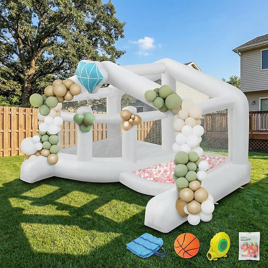 (2025 New) JOYMOR Giant Bounce House (13x10x8FT) w/Balloons for Outdoor Party, White Bounce House with Ball Pit for Kids, Including Blower, Portable Bag, 30s Set-up (Wedding)