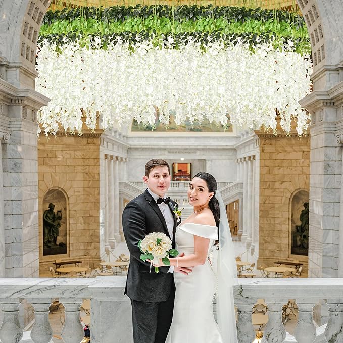 BLEUM CADE 20Pcs White & Purple Fake Wisteria Hanging Flowers | 3.6Ft/Pcs Artificial Wisteria Garland, Hanging Flowers for Wedding Party Home Backdrop Wall Decoration - Image 7