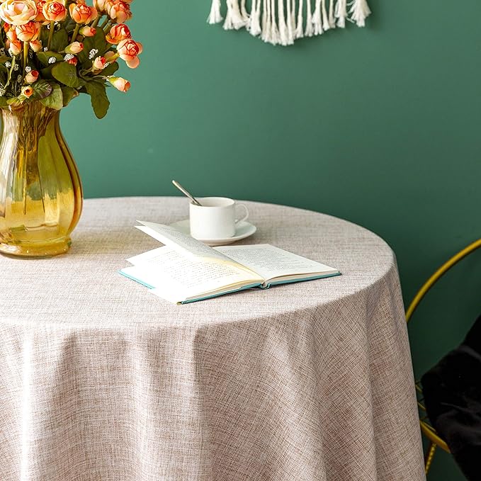 Linen Rustic Burlap Washable Tablecloth,Solid Heavy Weight 70 Inch Round Overlay Lace Edge Table Cover for Kitchen Dinning Decoration