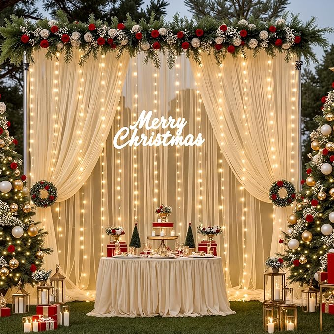 Champagne Backdrop Curtains with Lights String for Wedding Parties 10×10ft Sheer Tulle Backdrop Curtain for Bridal Shower Baby Shower Birthday Party Photo Shoot Decorations 2 Panels 5×10ft - Image 5