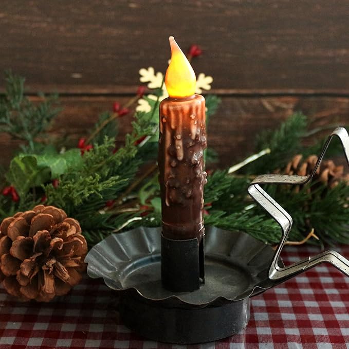 CVHOMEDECO. Real Wax Hand Dipped Battery Operated LED Timer Taper Candles Rustic Primitive Flameless Lights Décor, 4-3/4 Inch, Brwon, 6 PCS in a Package