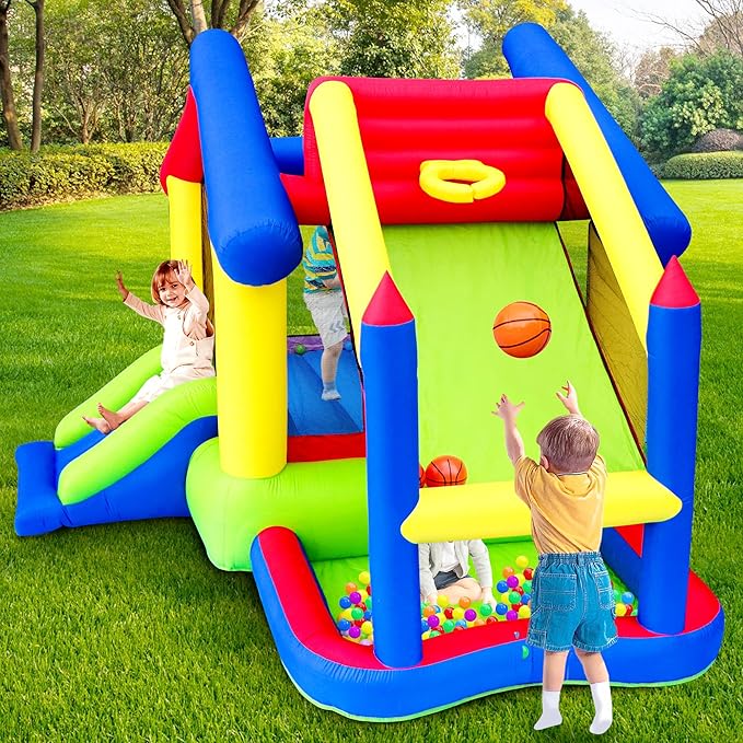 Inflatable Bounce House with Slide, Jumping Castle with Blower and Ball Pool, Basketball Game, Dart Target Game