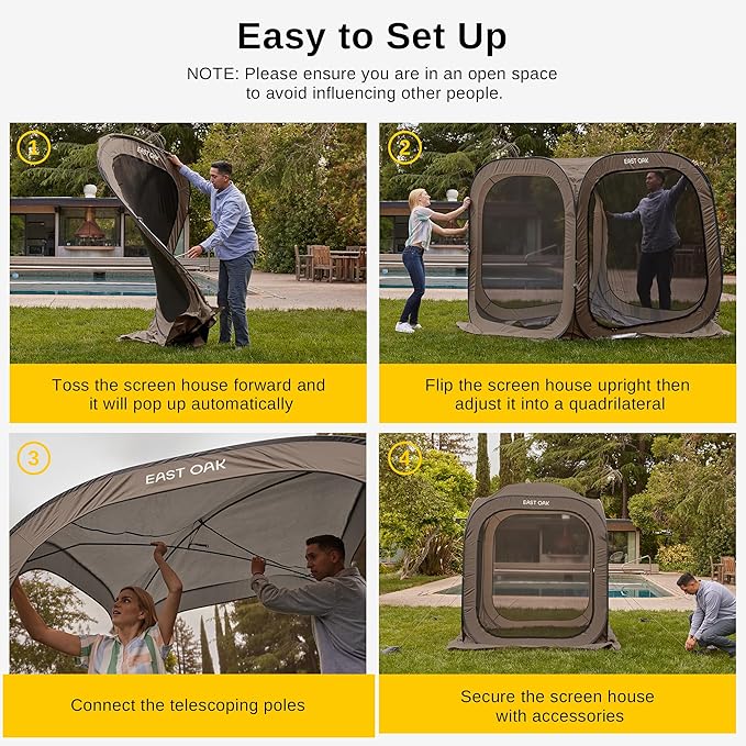 East Oak Screen House Tent Pop-Up, Portable Screen Room Canopy Instant Screen Tent 6 x 6 FT with Carry Bag for Patio, Backyard, Deck & Outdoor Activities, Brown