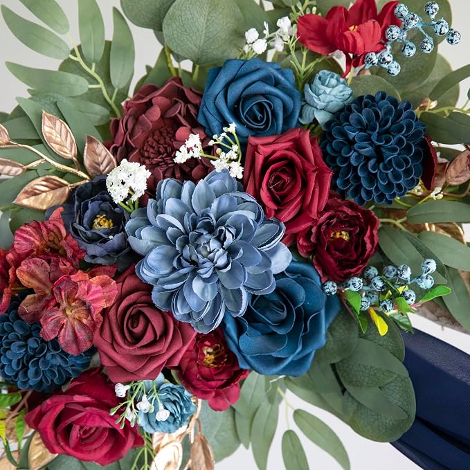 ponatia Burgundy & Navy Blue Artificial Wedding Arch Floral Swags Kit | Wedding Flowers Pack of 3, with 26Ft Shiny Arch Drapery Fabric for Wedding Ceremony & Reception Backdrop Decorations - Image 3