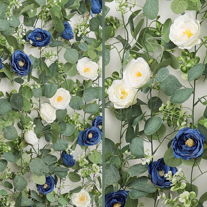 TOCHGREEN 4 Pack Artificial Eucalyptus Flower Garland with White Blue Roses | Fake Rose Flower Greenery Garland Floral Vines for Wedding Centerpiece Backdrop Home Party Table Runner Decor - Image 6