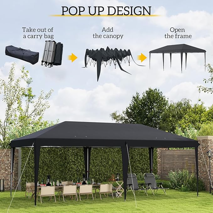 Outsunny 10' x 20' Pop Up Canopy Tent, Upgraded Heavy Duty Tents for Parties, Outdoor Instant Gazebo Sun Shade Shelter with Carry Bag, for Catering, Events, Wedding, Backyard BBQ, Black