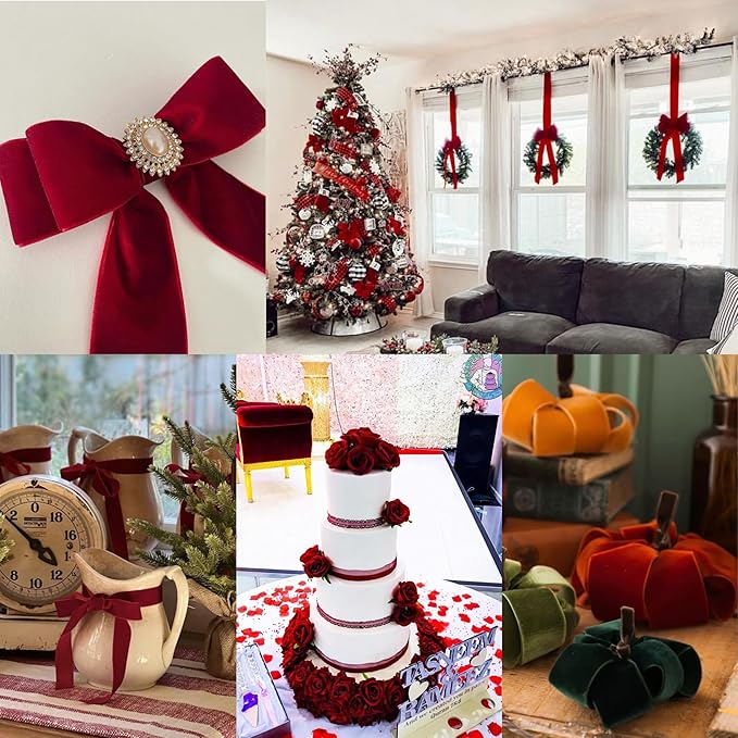 1" Burgundy Velvet Ribbon, 10 Yards Roll – Premium Flocked Velvet Fabric Trim for Christmas Gift Wrapping, Holiday Décor, Wreaths, Bows & DIY Craft Projects