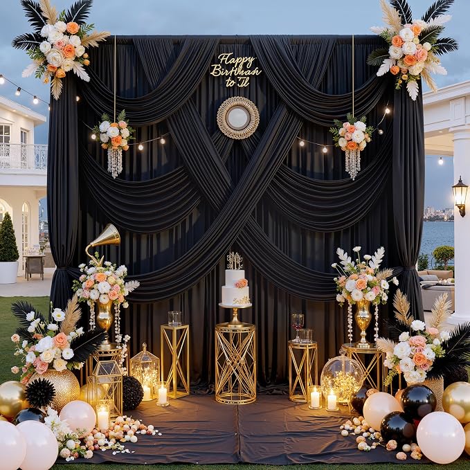 60 ft x 10 ft Wrinkle Free Black Backdrop Curtain for Parties, 12 Panels 10ft Polyester Black Photo Backdrop Drapes for Graduation Birthday Wedding Party Stage Curtains - Image 2