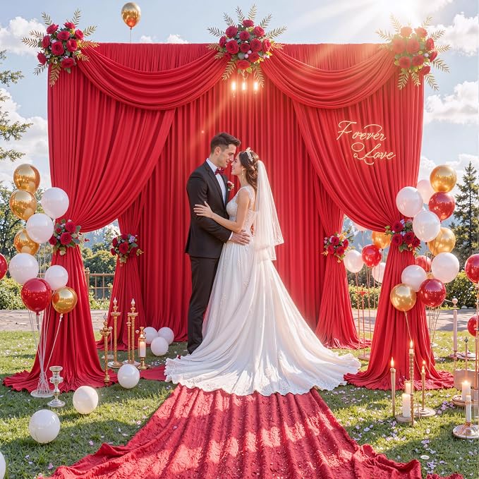 Outpain 20 ft x 8 ft Red Backdrop Curtain Panels, 4 Panels 5 ft x 8 ft Wrinkle Free Polyester Photography Backdrop Drapes, Wedding Party Home Decoration Supplies - Image 4