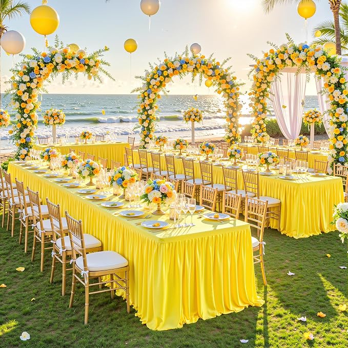 Wish Care Yellow Polyester Table Clothes for 8 Foot Rectangle Tables, Wrinkle Free Fitted Table Cover with Pleated Ruffle Table Skirt for Birthday Party Wedding Trade Show Event Display - Image 4