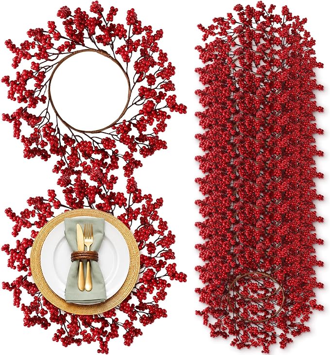 Christmas Round Placemat Set of 12 Artificial Berry Wreath Charger | Circular Xmas Mats, Artificial Greenery Branch Place Mats, Winter Fake Berry Table Decor, Kitchen Dining Accessories by Gandeer