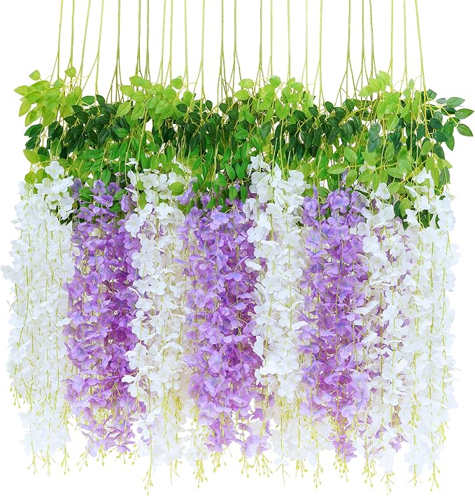 BLEUM CADE 20Pcs White & Purple Fake Wisteria Hanging Flowers | 3.6Ft/Pcs Artificial Wisteria Garland, Hanging Flowers for Wedding Party Home Backdrop Wall Decoration by BLEUMCADE