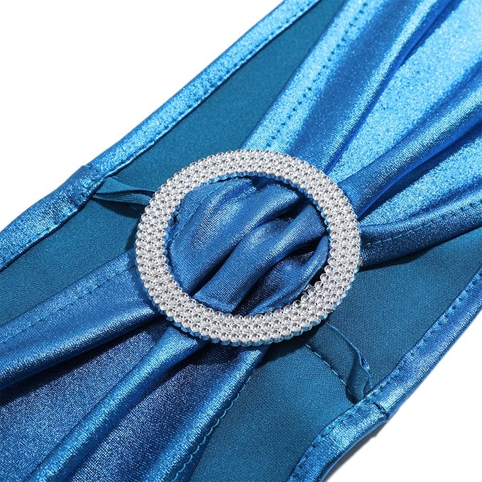 Dimatic 10 PCS Spandex Stretch Chair Sashes Bow Elastic Chair Cover Bands with Buckle Slider for Wedding, Banquet, Party, Hotel Event Decorations - Lake Blue - Image 2