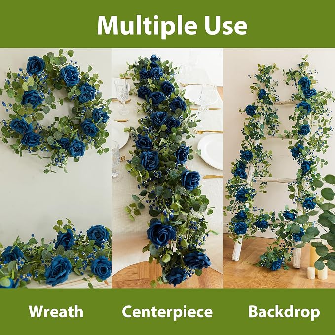 Anna's Whimsy 5.91FT Artificial Eucalyptus Garland with Flowers, Fake Rose Gypsophila Garland, Faux Floral Garlands for Wedding Spring Home Party Craft Art Table Runner Decor (Blue, 1) - Image 3