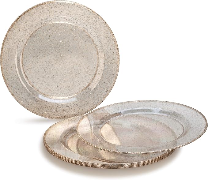 " OCCASIONS " 150pcs set (25 Guests)-Wedding Plastic Plates & cutlery -Disposable heavyweight Dinnerware 10.5'', 7.5'' + Silverware w/double fork (Seasons Clear w/Gold Glitter) - Image 2