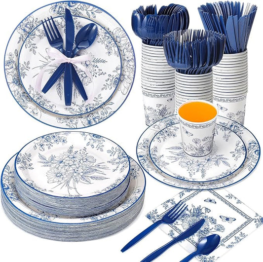 Ziliny 350 Pcs Blue White Floral Party Supplies Serves 50 Disposable Paper Blue Flower Paper Plates Napkins Cups Plastic Cutlery Vintage Floral Tableware Set for Wedding Birthday Bridal Tea Party by Ziliny