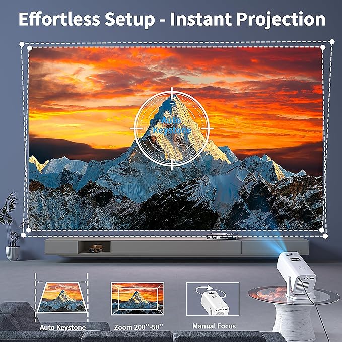 Mini Projector, Portable Outdoor Projector 4K Supported, Short Throw Movie Projector Compatible with Smartphone, TV Stick, Laptop, Game Consoles