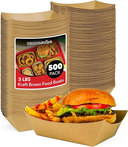 Stock Your Home [500 Pack Extra Large Disposable Brown Kraft Paper Food Trays, 3-Lb Concession Tray, Serving Boats for Party Snacks, Taco Bar, Seafood, Nachos Plates by StockYourHome