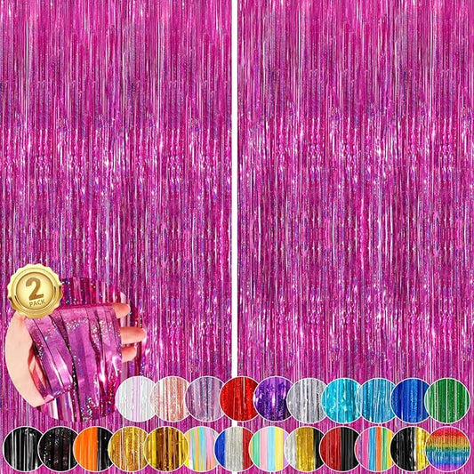Rose Pink Party Streamers 2 Pack Glitter Foil Fringe Curtain 3.3 x 8.3ft Pink Party Decor Photo Booth Streamers Metallic Tinsel Door Streamer for Christmas Baby Shower Halloween Decorations