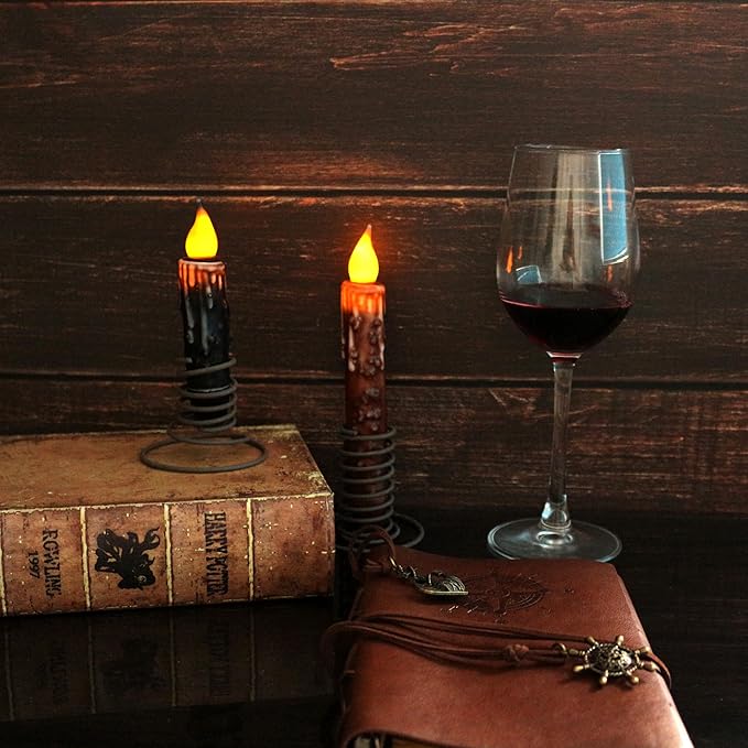 CVHOMEDECO. Real Wax Hand Dipped Battery Operated LED Timer Taper Candles Country Primitive Flameless Lights Décor, 4-3/4 Inch, Matt Black, 3 PCS in a Package