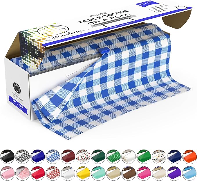 Grandipity Plastic Tablecloth Roll - 54in x 300 Ft. Blue Gingham Checkered Plastic Table Cloths for Parties | Disposable with Cutter Box - Cut to Size Disposable Tablecloth for Rectangle & Round by Grandipity
