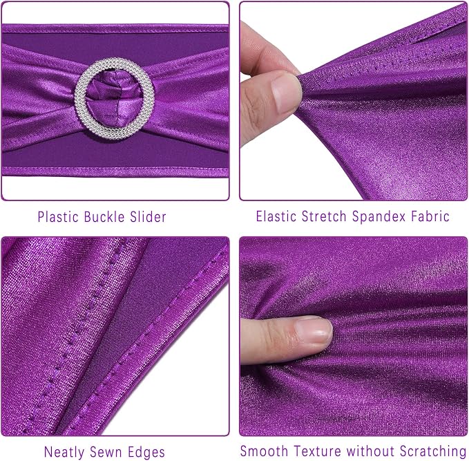 Dimatic 25 PCS Spandex Stretch Chair Sashes Bow Elastic Chair Cover Bands with Buckle Slider for Wedding, Banquet, Party, Hotel Event Decorations - Purple - Image 4