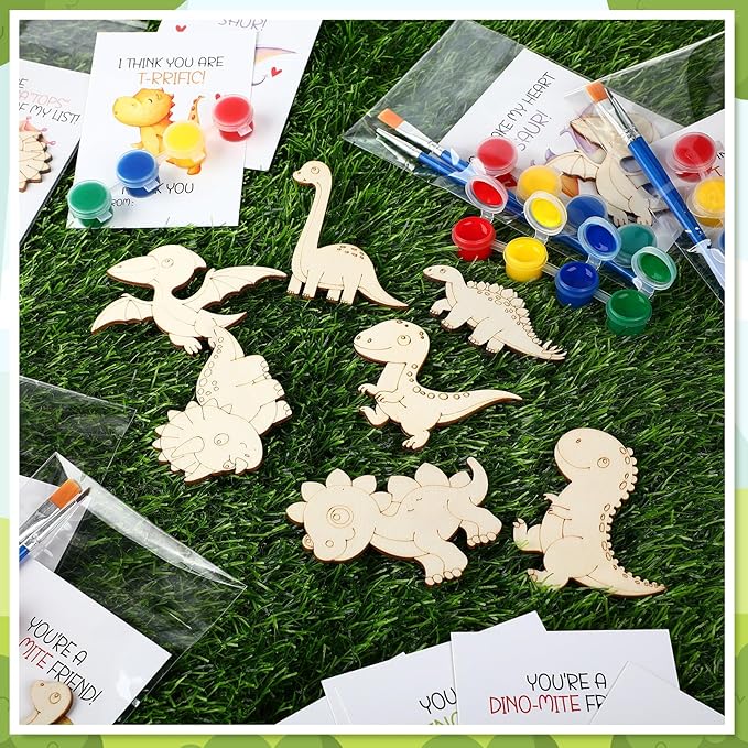 Leinuosen 28 Sets Dinosaur Party Favors Wood Painting Craft Kits with Art Supplies and Inspirational Cards Thank You for Coming Gifts for Summer Birthday Party Goodie Bag DIY Prizes