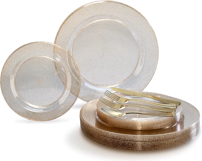 " OCCASIONS " 150pcs set (25 Guests)-Wedding Plastic Plates & cutlery -Disposable heavyweight Dinnerware 10.5'', 7.5'' + Silverware w/double fork (Seasons Clear w/Gold Glitter) by OCCASIONSFINESTPLASTICTABLEWARE