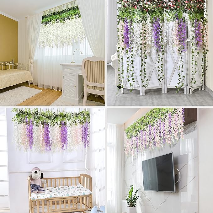 BLEUM CADE 20Pcs White & Purple Fake Wisteria Hanging Flowers | 3.6Ft/Pcs Artificial Wisteria Garland, Hanging Flowers for Wedding Party Home Backdrop Wall Decoration - Image 6