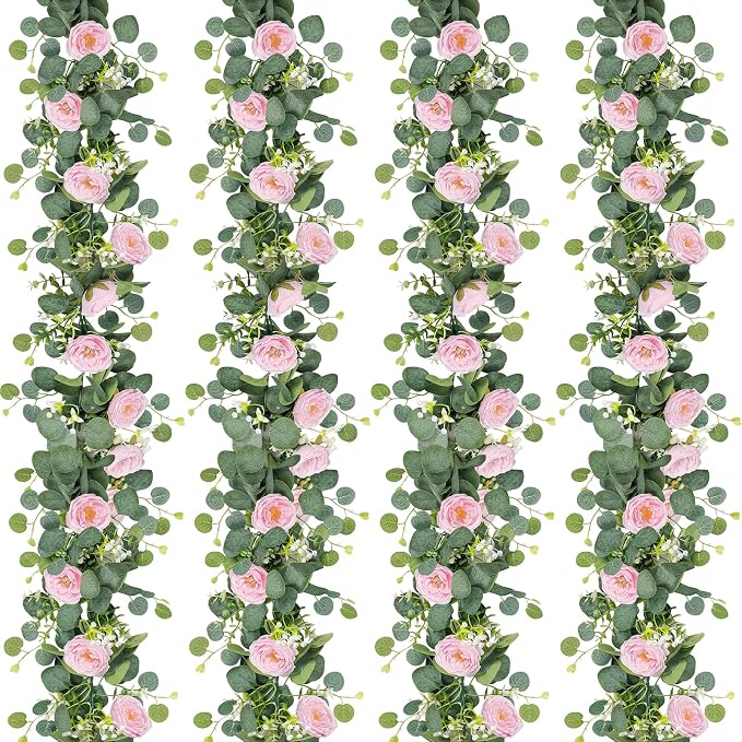 TOCHGREEN 4 Pack Artificial Eucalyptus Flower Garland with Pink Roses | Fake Rose Flower Greenery Garland Floral Vines for Wedding Centerpiece Backdrop Home Party Table Runner Valentines Day Decor by TOCHGREEN