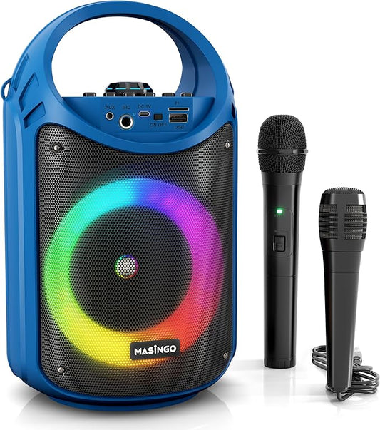 MASINGO Karaoke Machine for Kids and Adults with 1 Wireless Karaoke Microphone and 1 Wired Mic, PA Portable Speaker with LED Lights, Supports TF Card/USB, AUX/MIC in, TWS for Home Party, Burletta C10