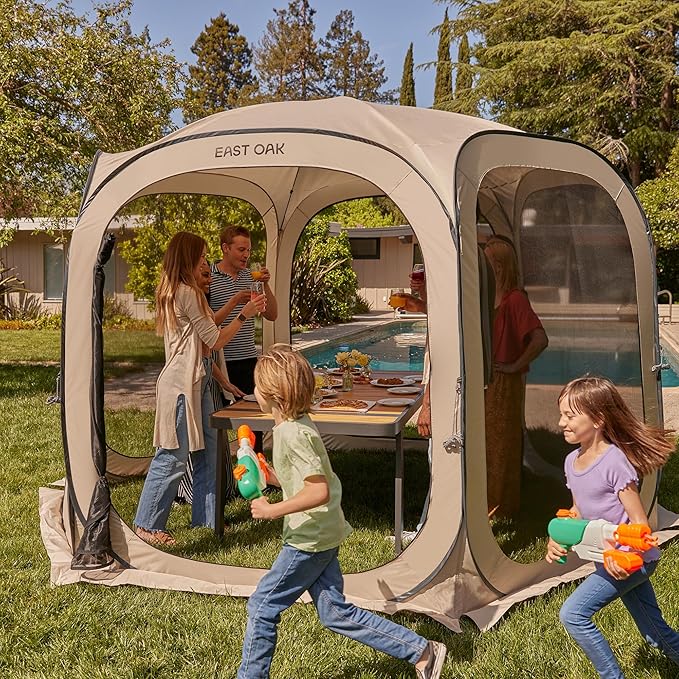 East Oak Screen House Tent Pop-Up, Portable Screen Room Canopy Instant Screen Tent 12 x 12 FT with Carry Bag for Patio, Backyard, Deck & Outdoor Activities, Beige