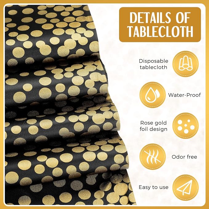 8 Pack New Year Black and Gold Disposable Plastic Tablecloths and Satin Table Runner Set, 54 x 108 Inch Tablecloth, 12 x 108 Inch Table Runners for Wedding Graduation Birthday Baby Shower - Image 3