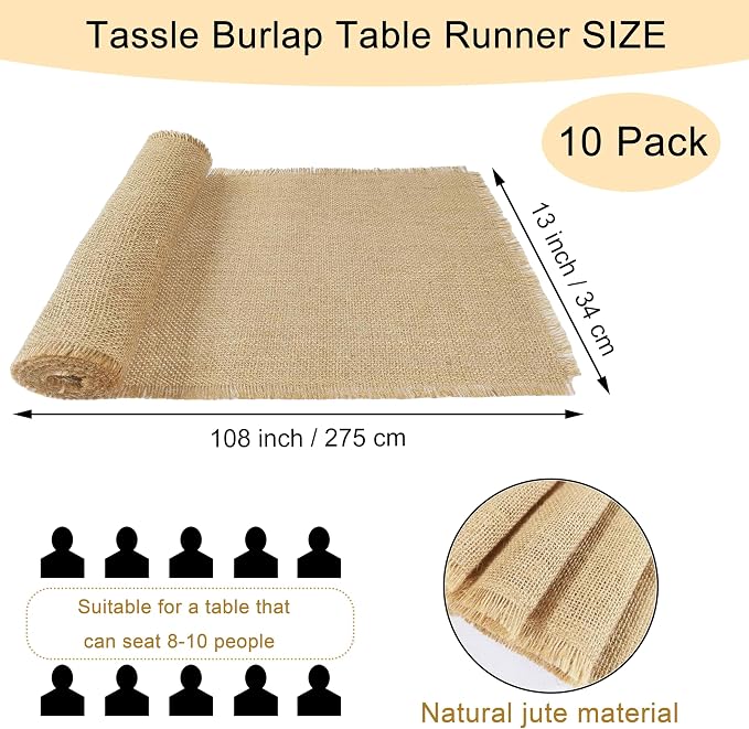 10 Pack 13 x 108 Inch Tassel Burlap Table Runners,Natural Rustic Jute Table Runner and Placemats Bulk for Western Wedding Table Decorations,Farmhouse Style Party,Holiday,Kitchen Table Decor Cover - Image 2